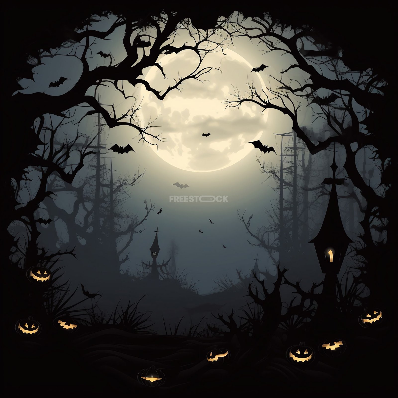 A Halloween-themed silhouette frame or border with spooky elements and ...