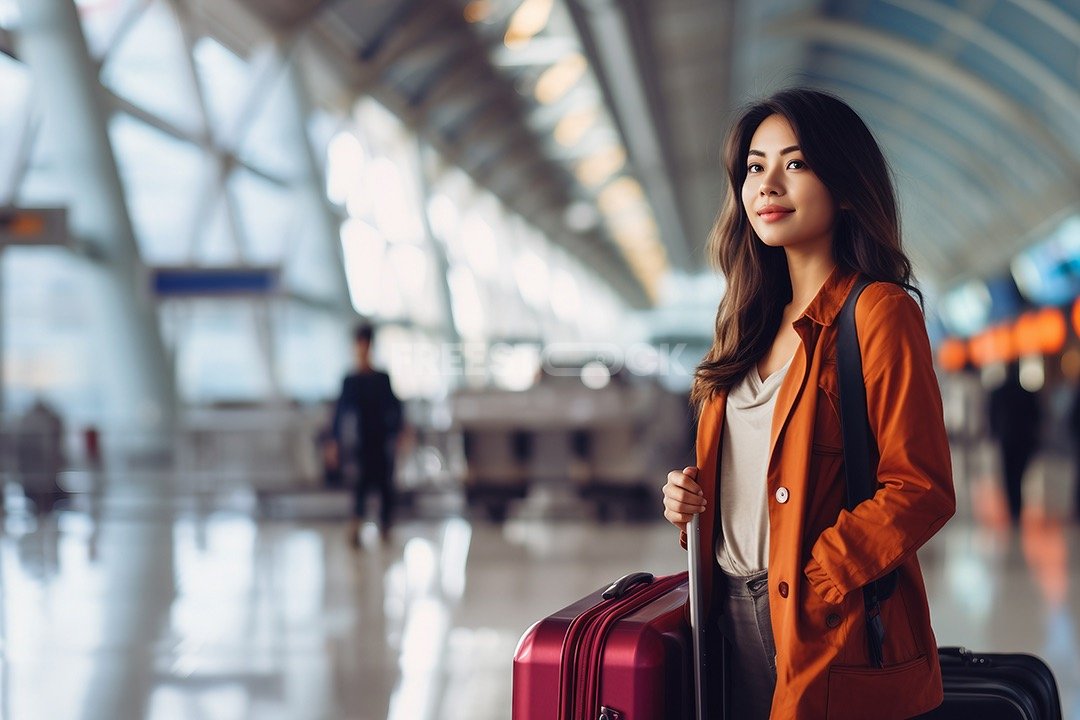 At the international airport terminal, a lovely Asian woman with a bag ...