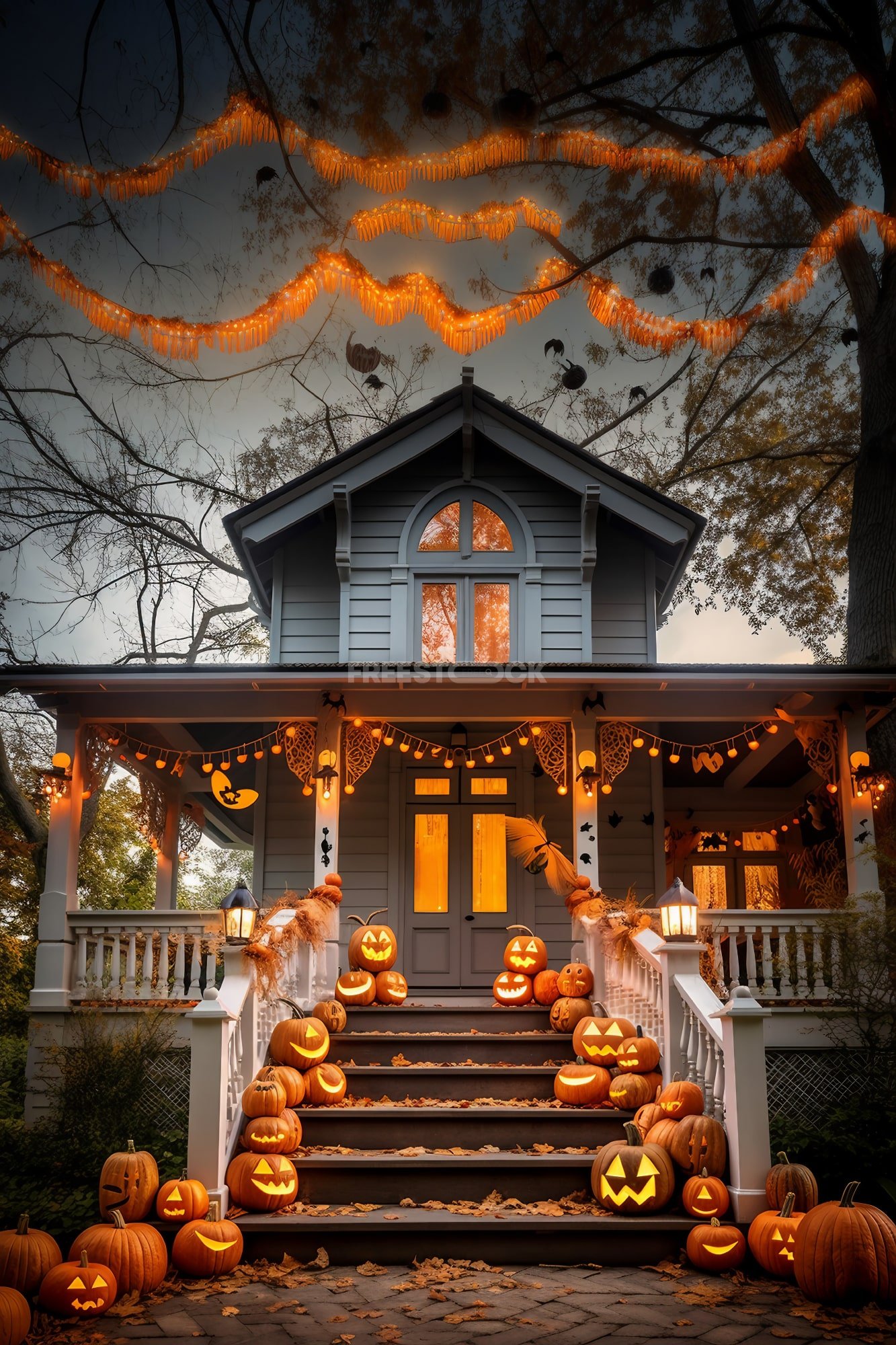 The house porch is embellished with Jack O' Lantern pumpkins for ...