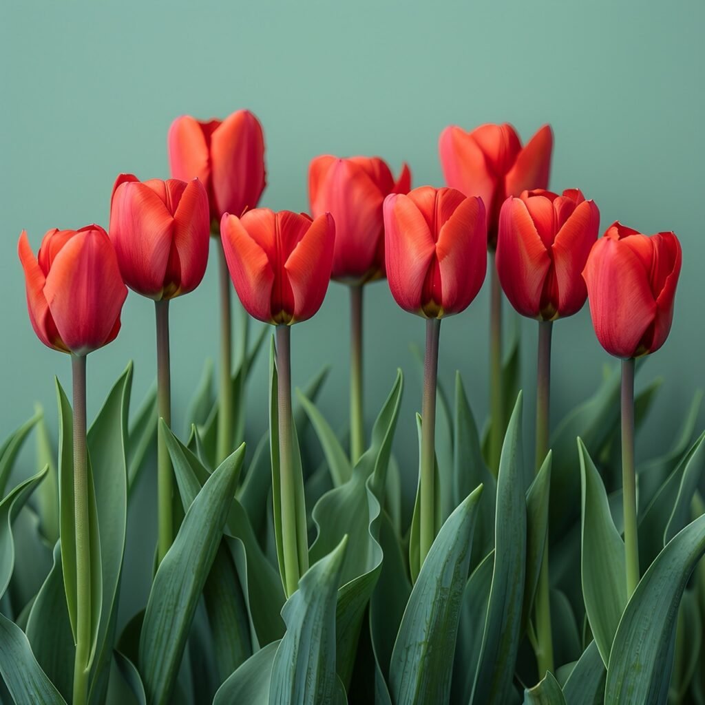 “Red Tulip Border on Light Green Background Beautiful Spring Floral Scene – Stock Photo Image