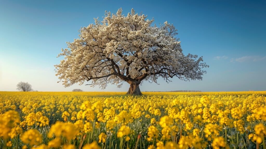 Stock Photo Blooming Apple Tree in Rapeseed Field, Franconia, Bavaria, Germany – Spring Scene