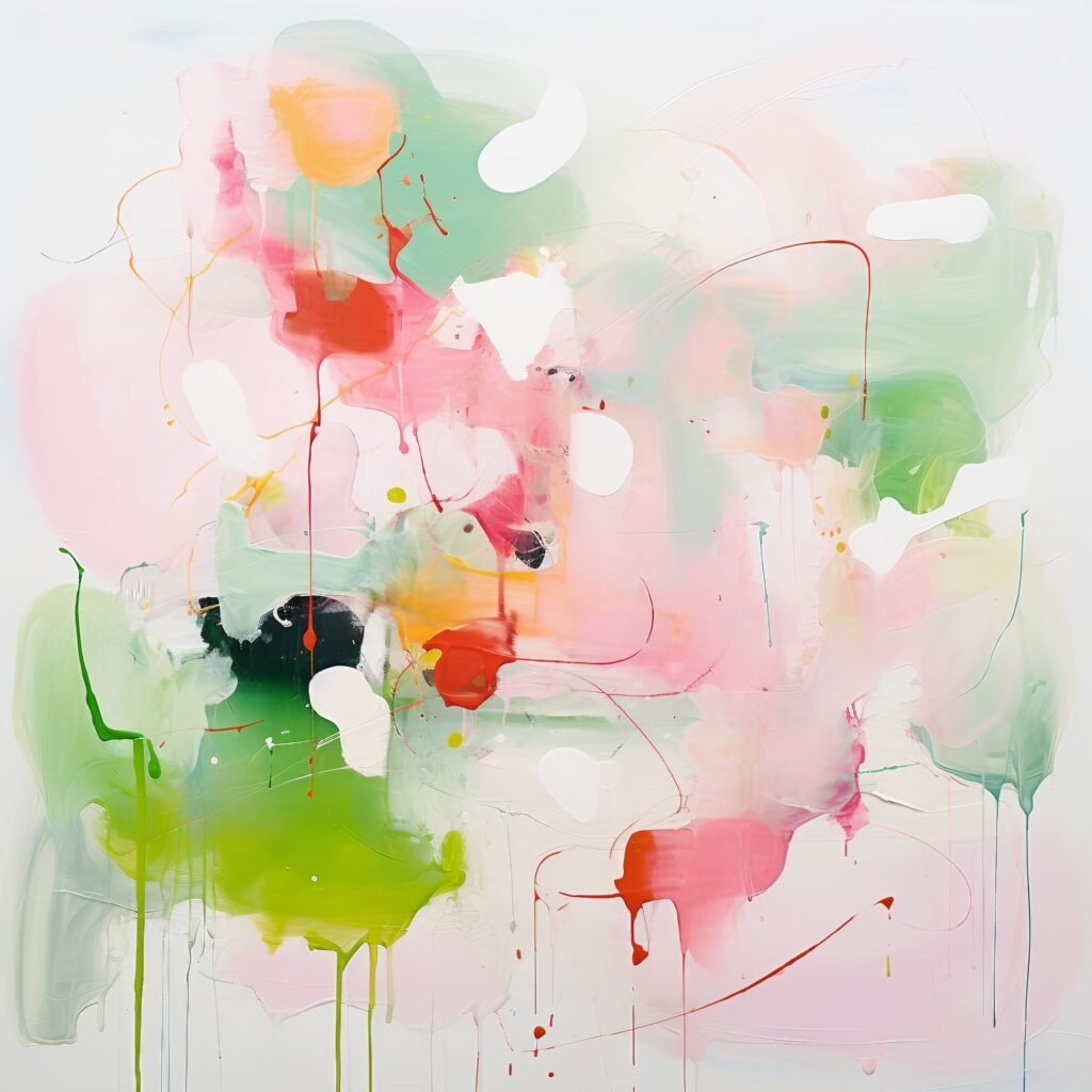 Artistic Expression Abstract Painting in White, Pink, and Green Tones, Vibrant Artwork for Colorful Decor Inspiration