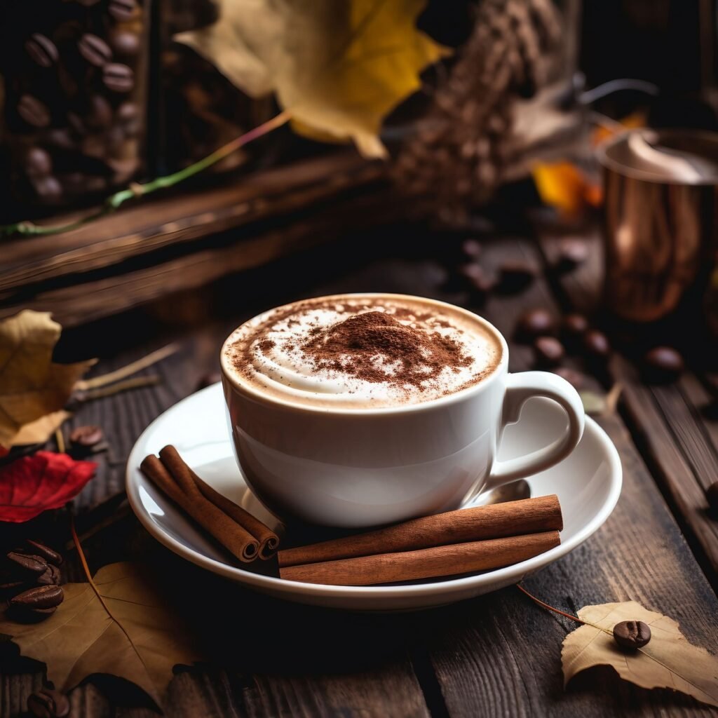 Autumnal Ambiance Hot Chocolate with Cinnamon on Wooden Table