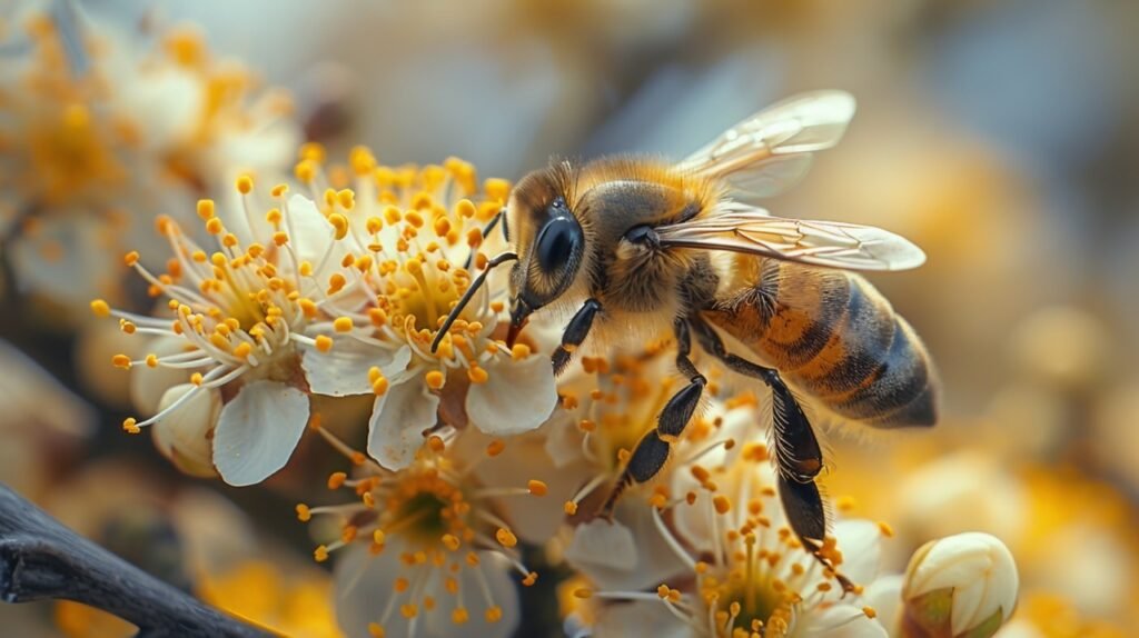 Bee Resting on Tree Flower – Captivating Spring Scene, Stock Photo