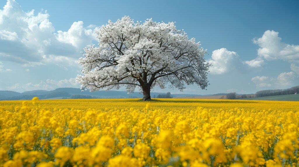 Blooming Apple Tree in Rapeseed Field, Franconia, Bavaria, Germany – Captivating Spring Scene Stock Photo