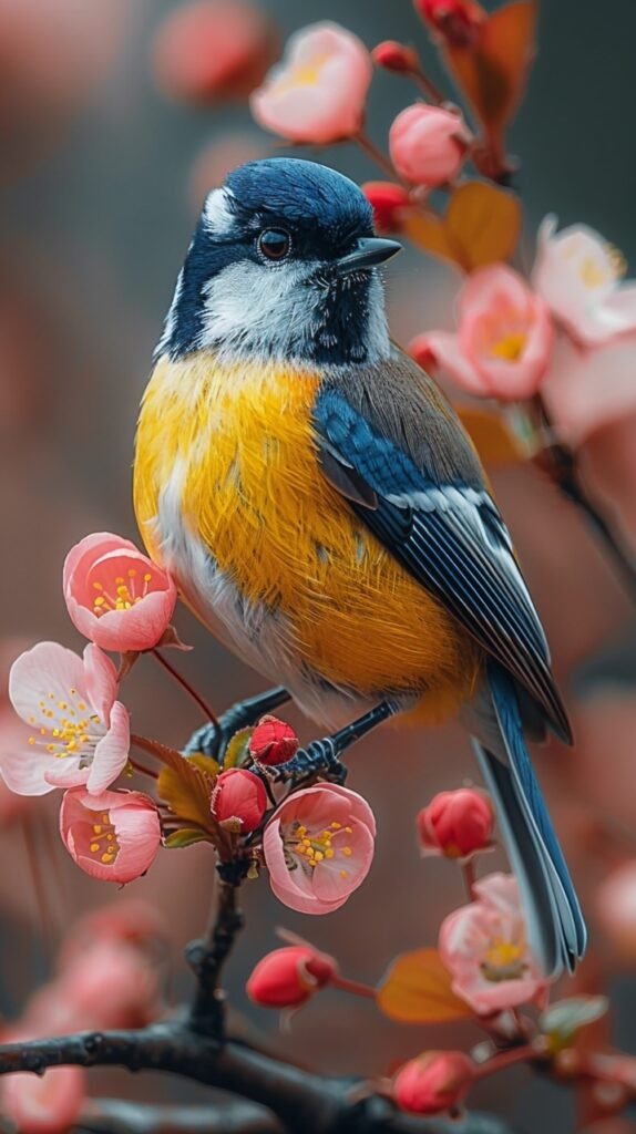 Bluetit Garden Bird Resting on Crab Apple Tree Branch Spring Blossom Scene – Stock Photo