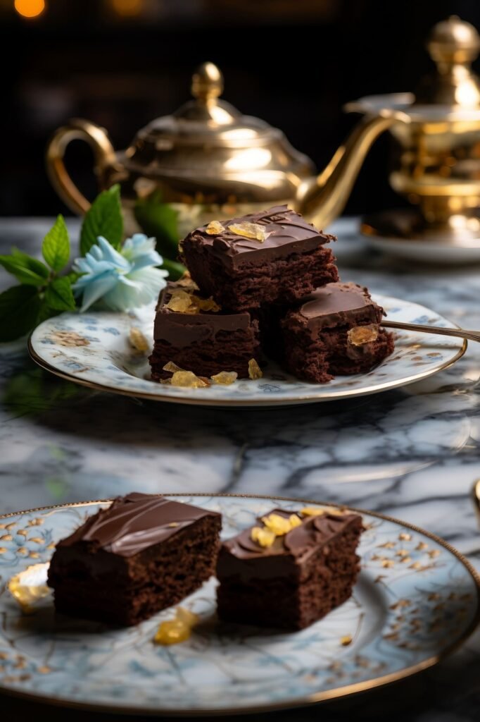 Brownie Cakes and Tea on Marble Table from Side Perspective