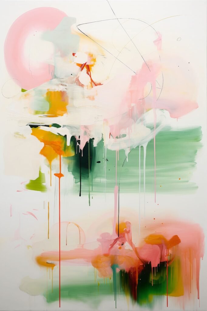 Colorful Abstract Artwork White, Pink, Green Hues, Vibrant Painting Depicting Abstract Expressionism, Contemporary Art Image