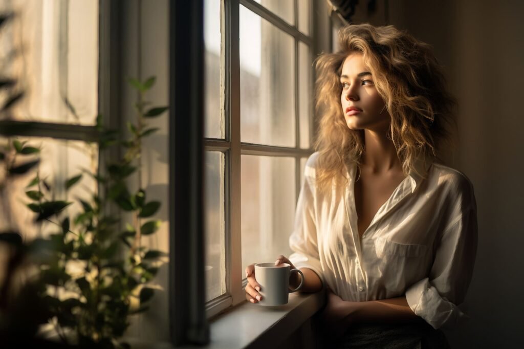 Contemplative Mood Girl with Coffee by Window, HD Image