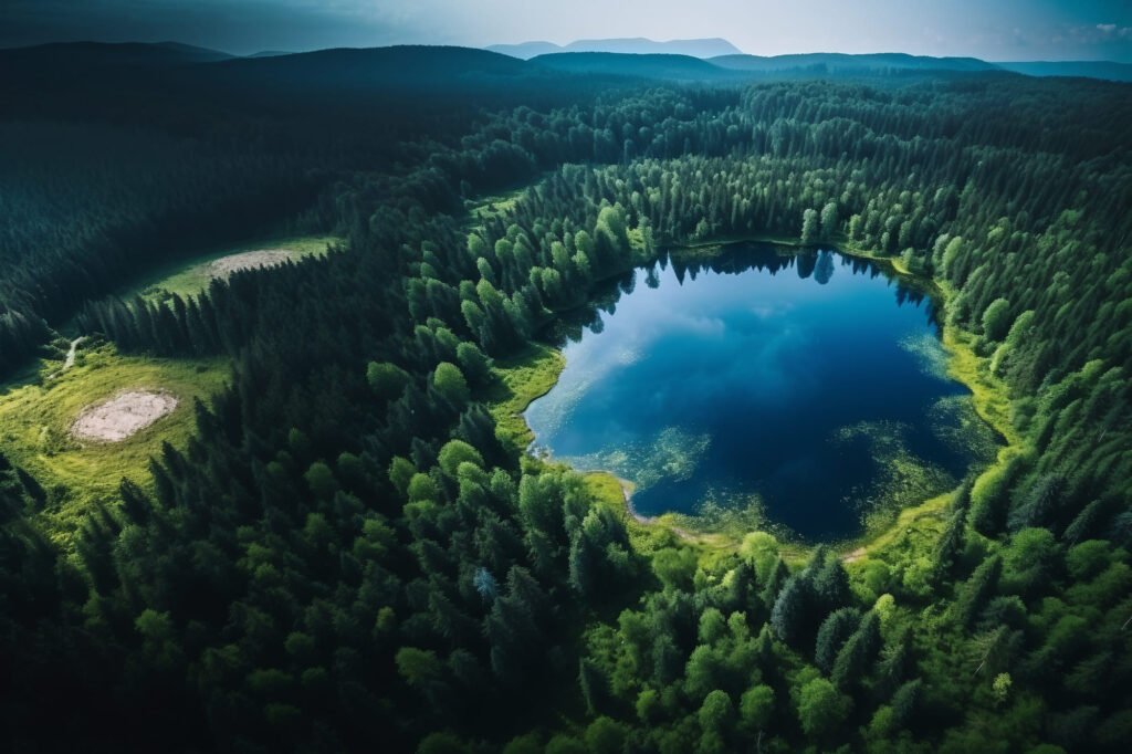 Drone View Lake Amidst Trees, Free HD Nature Photo of Aerial Landscape, Forest Scenery Image