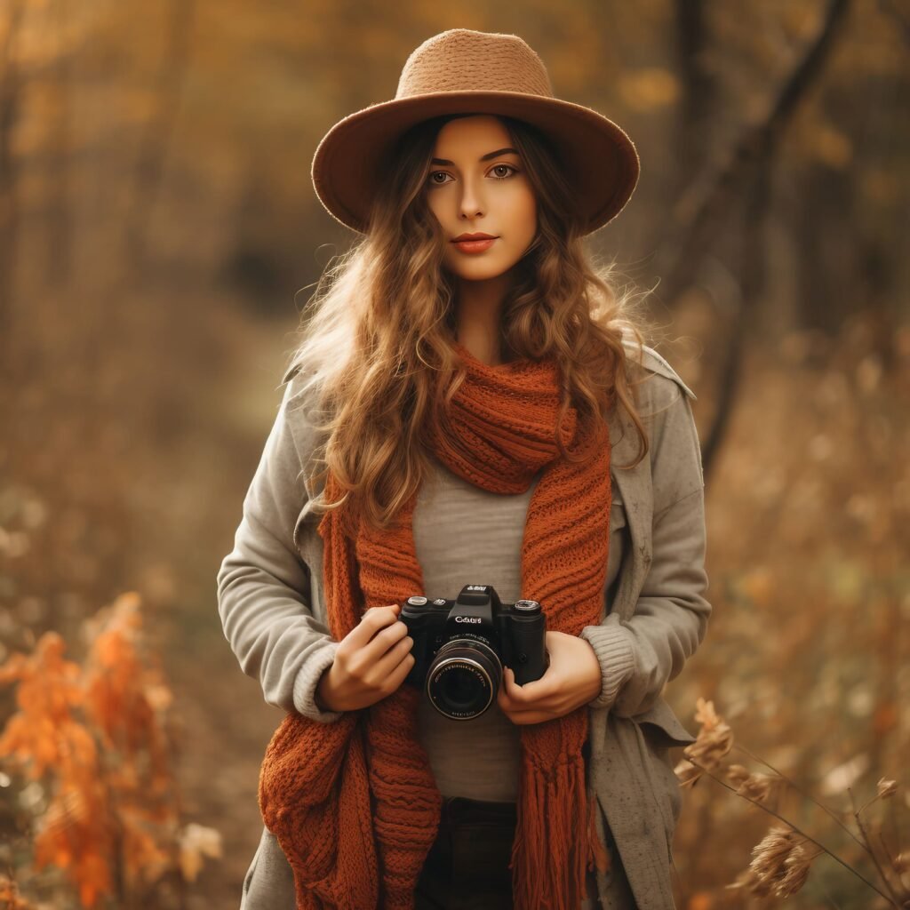 Free HD Photo Download Woman Wearing Hat and Scarf Holds Camera, Canon AE1 Autumn Photography