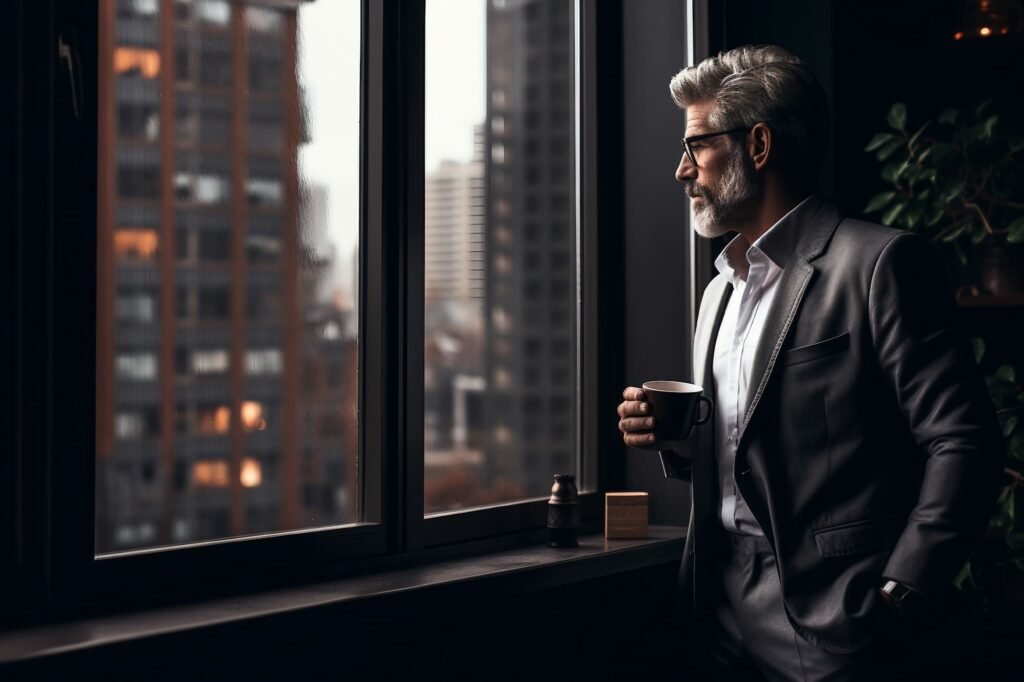 Guy Standing by Window Holding Coffee Mug