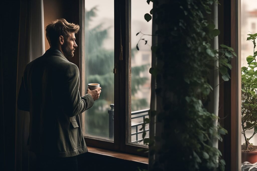 Individual Pondering at Window with Hot Beverage