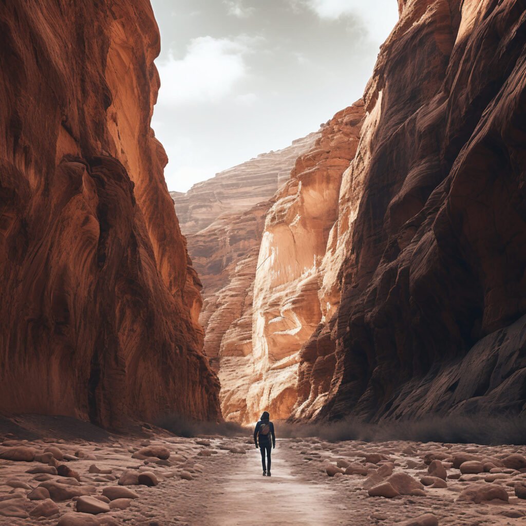 Man Exploring Desert Canyon on Foot