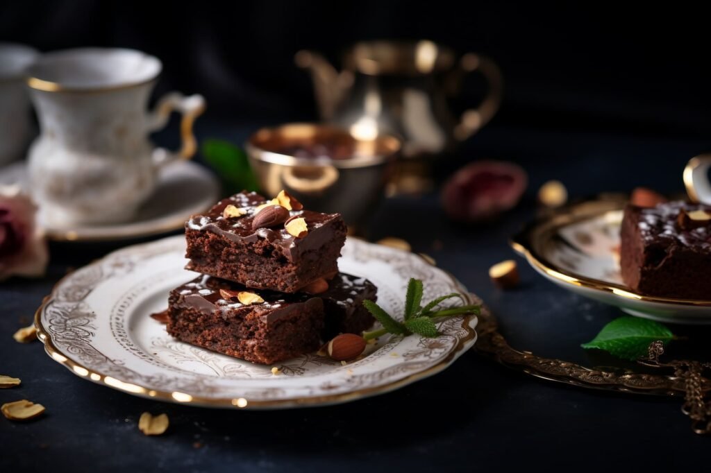 Marble Table Setting Side View of Chocolate Brownie Cakes with Tea