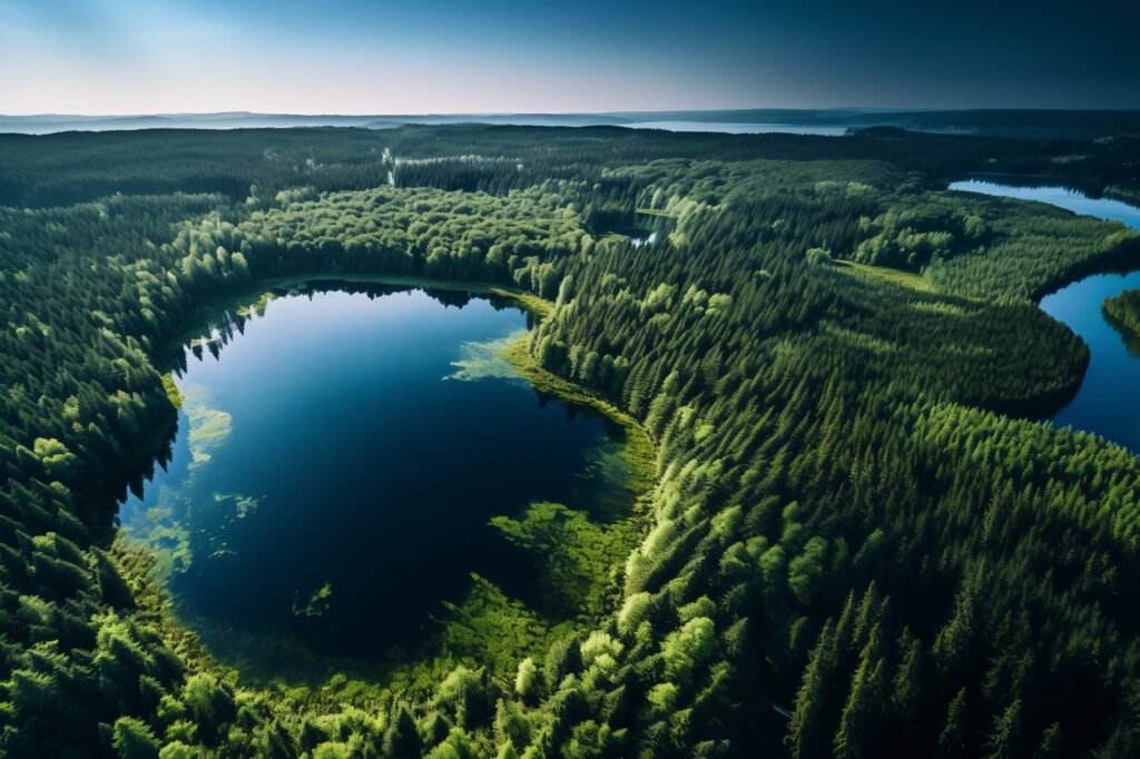 Nature’s Beauty Aerial View of Lake Among Trees, Free HD Photo, Forest Scenery, Drone Perspective