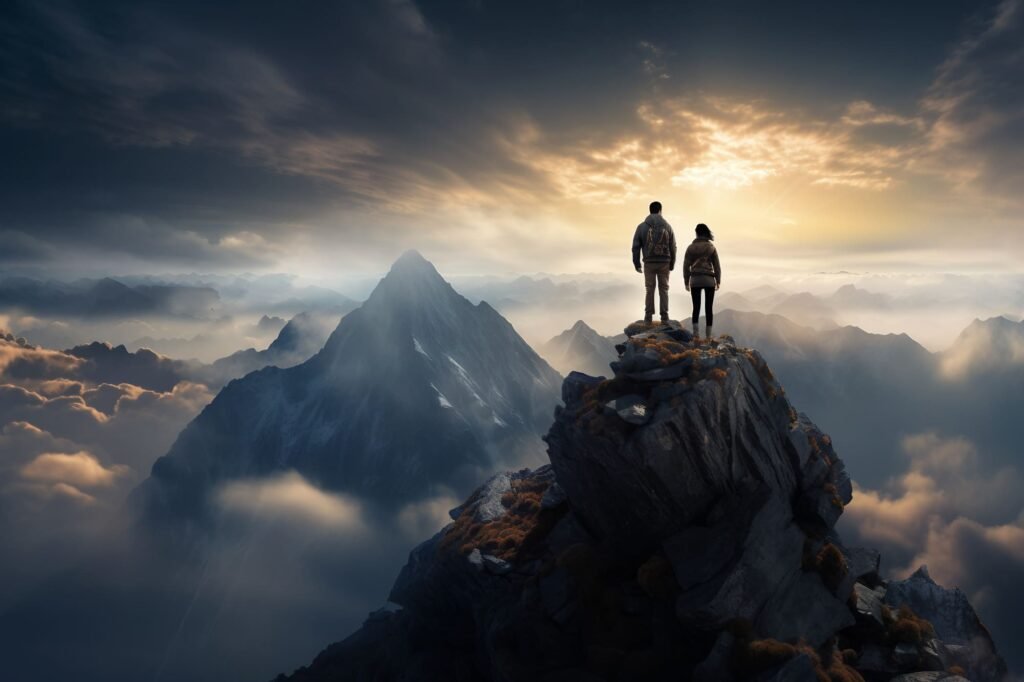 People Standing Atop Mountain Peak