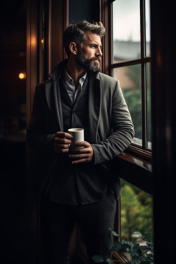 Person Reflecting by Window with Cup of Coffee