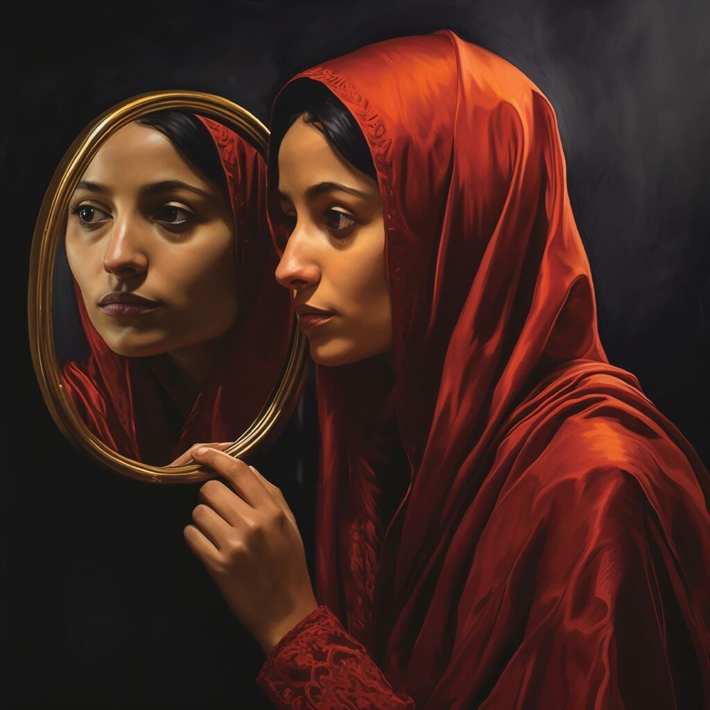 Reflection of Woman Inspecting Face in Mirror, Portrait of Female Self-Reflection in Glass