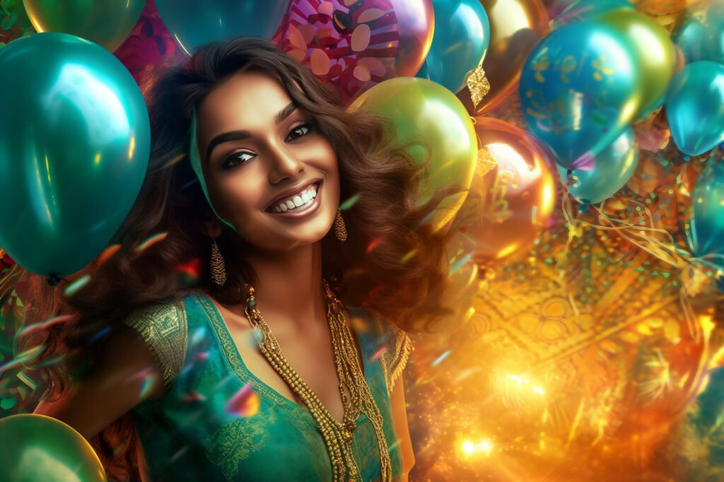 Smiling Indian Lady in Traditional Jewelry at Celebration