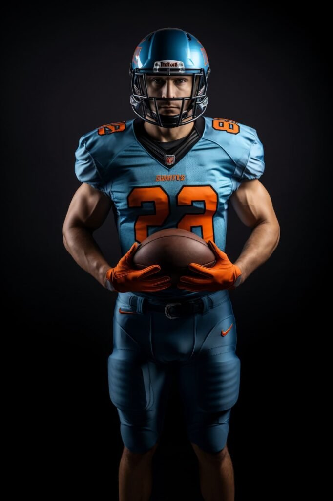 Sports Athlete Portrait American Football Player Stands with Crossed Arms, Black Background Image