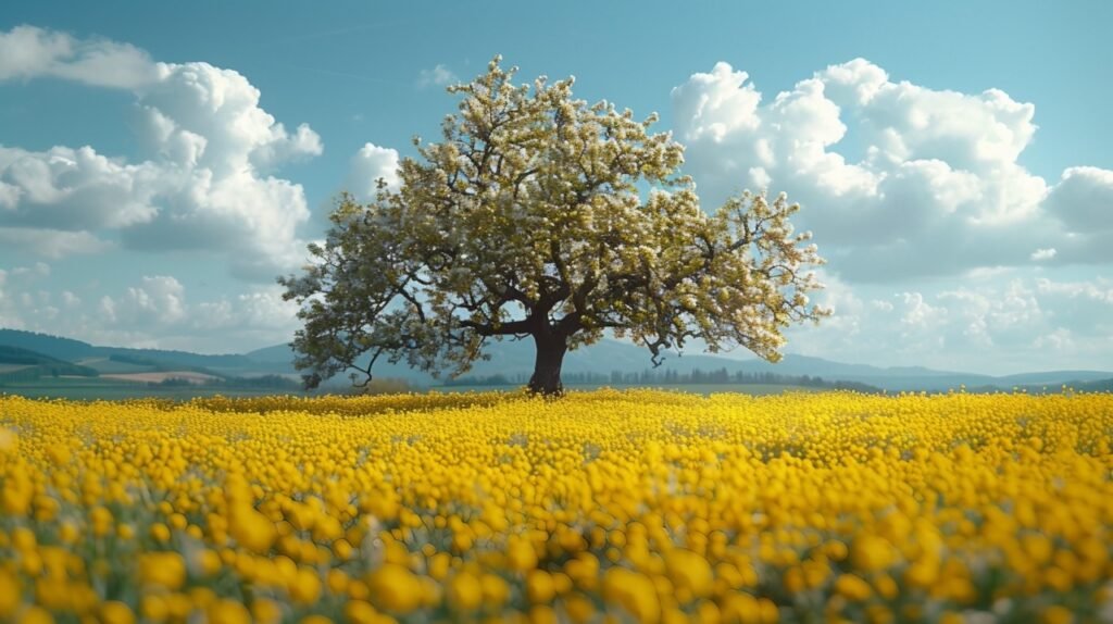 Spring Blooms Apple Tree in Rapeseed Field, Franconia, Bavaria, Germany – Stock Photo Capturing Nature