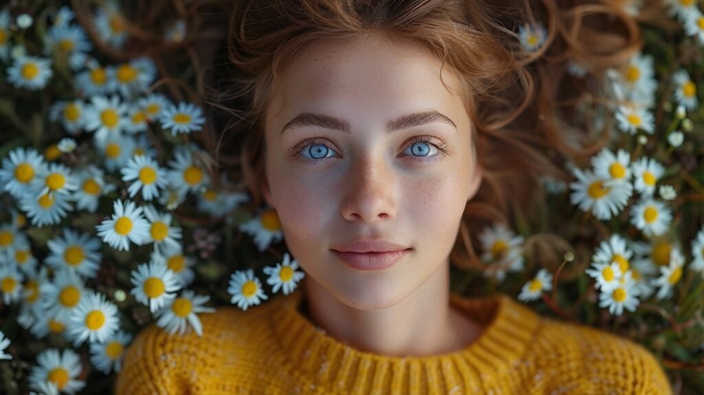 Spring Daisy Field Scene Young Woman in Yellow Sweater Lying Down, Top View – Stock Photo