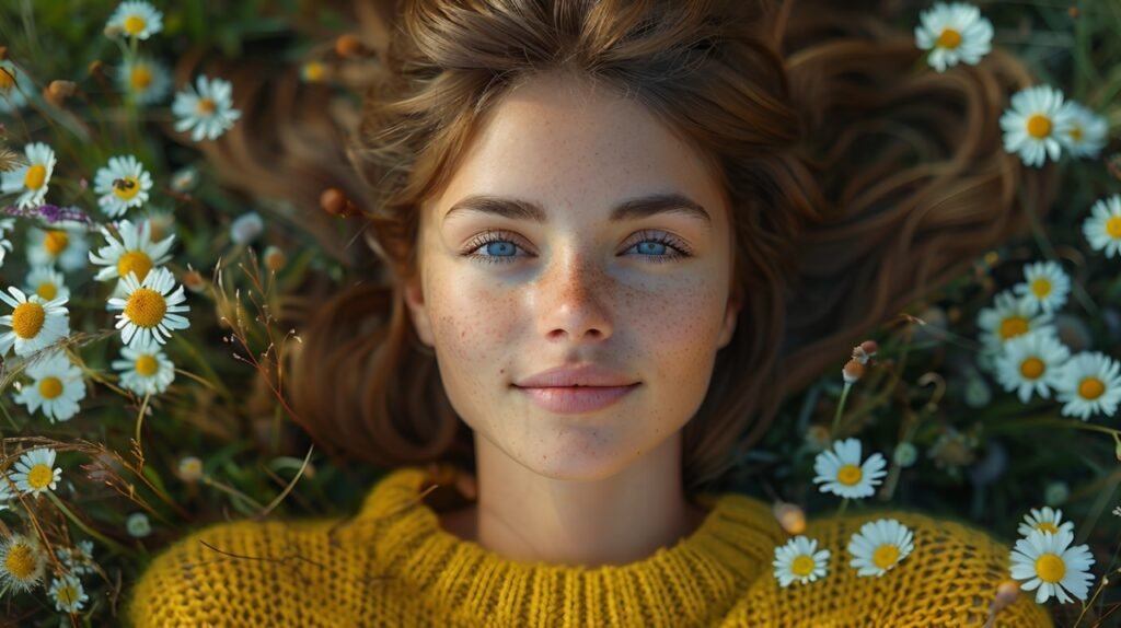 Spring Daisy Field Young Woman in Yellow Sweater Lying Down, Top View – Stock Photo