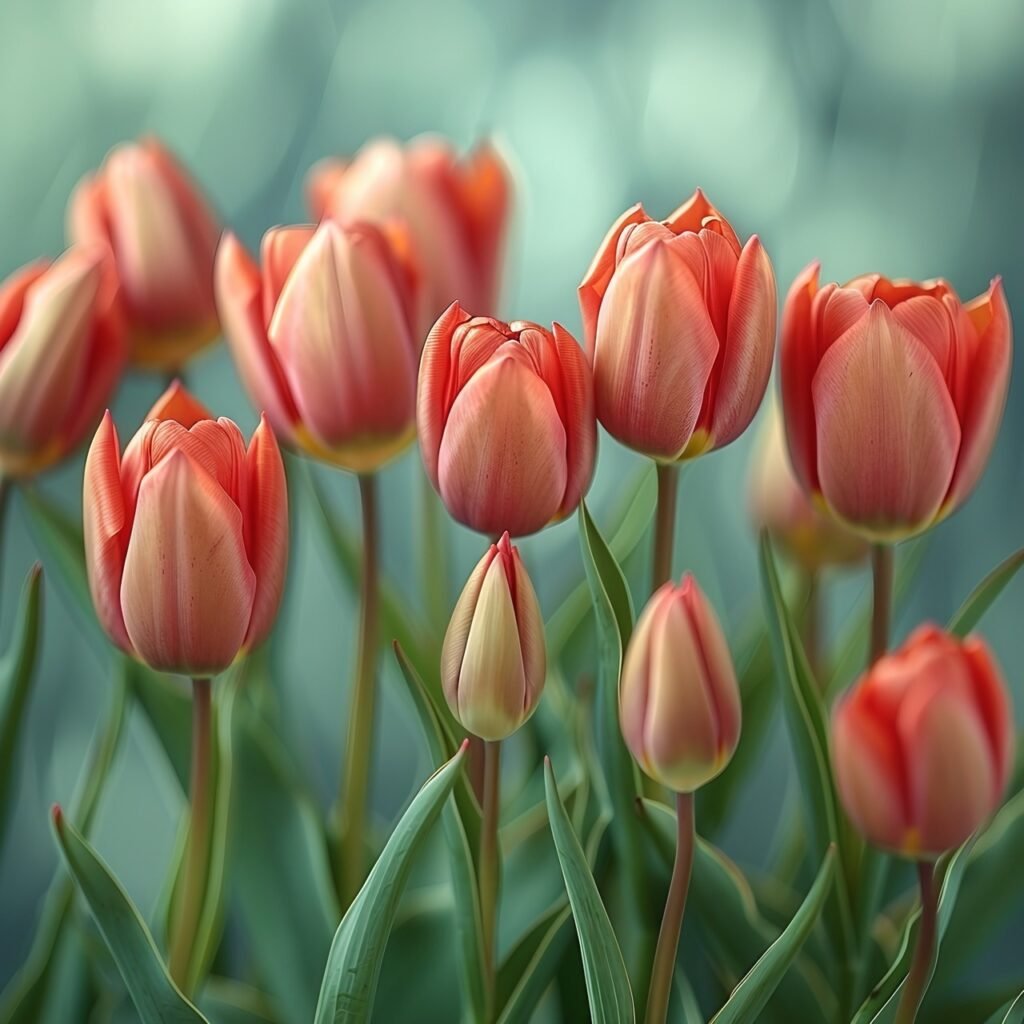 Spring Floral Scene Beautiful Red Tulip Border on Light Green Background – Stock Photo Image