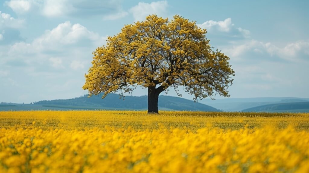 Spring Scene Blooming Apple Tree in Rapeseed Field, Franconia, Bavaria, Germany – Stock Photo Image