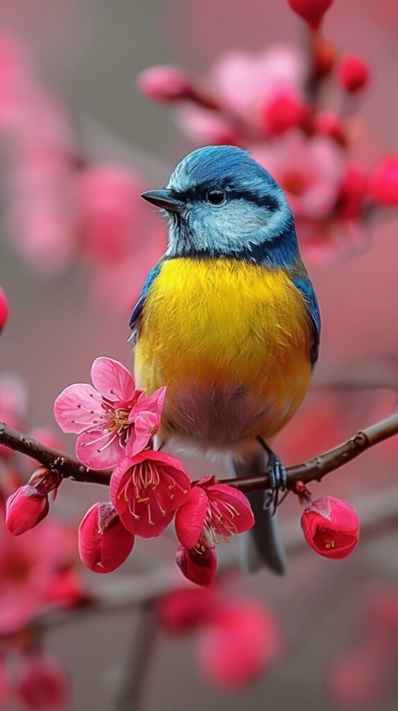 Stock Photo Bluetit Garden Bird Rests on Crab Apple Tree Branch with Spring Blossom Scene