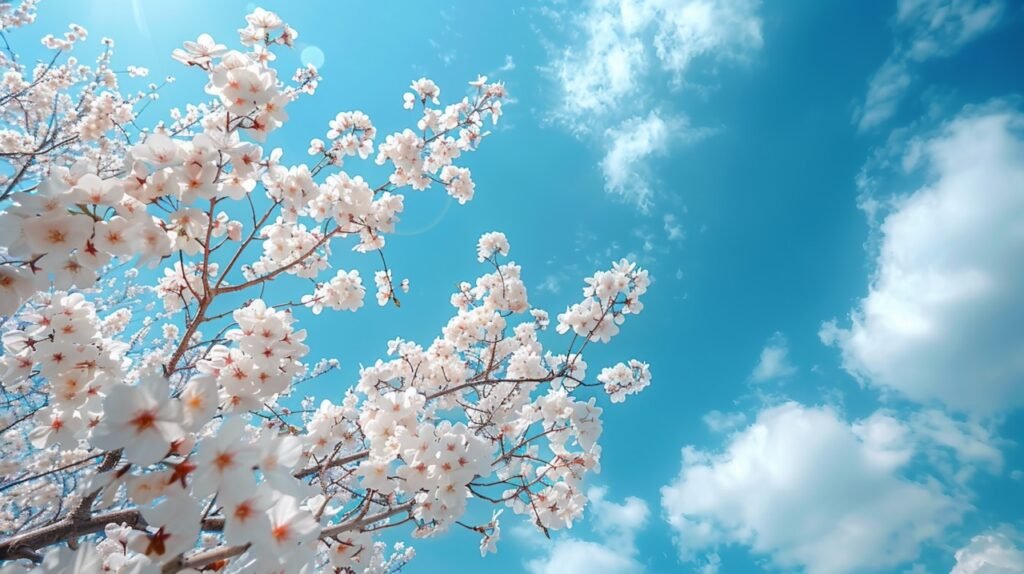 Stock Photo Cherry Blossom and Blue Sky – Tranquil Spring Scene Captured