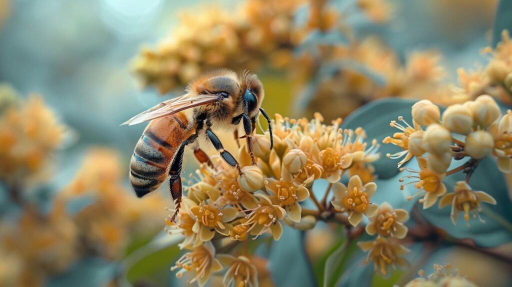 Stock Photo of Bee Resting on Tree Flower, Capturing Tranquil Spring Scene