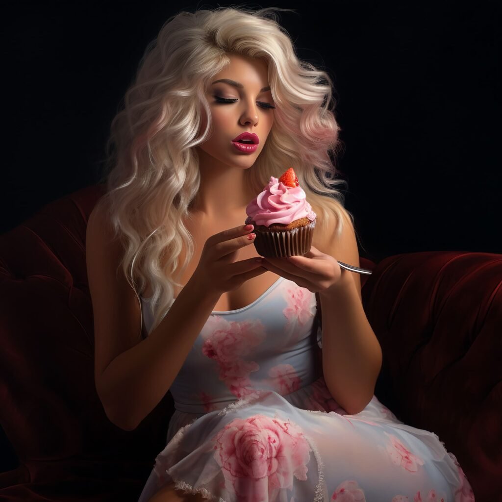 Tasty Treat Young Woman Delights in Frosted Cupcake with Colorful Sprinkles, Tempting Dessert Image