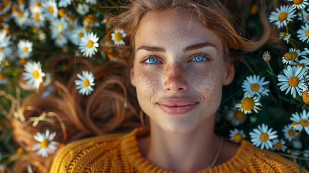 Top View of Young Woman in Yellow Sweater Lying in Daisy Field – Stock Photo Image