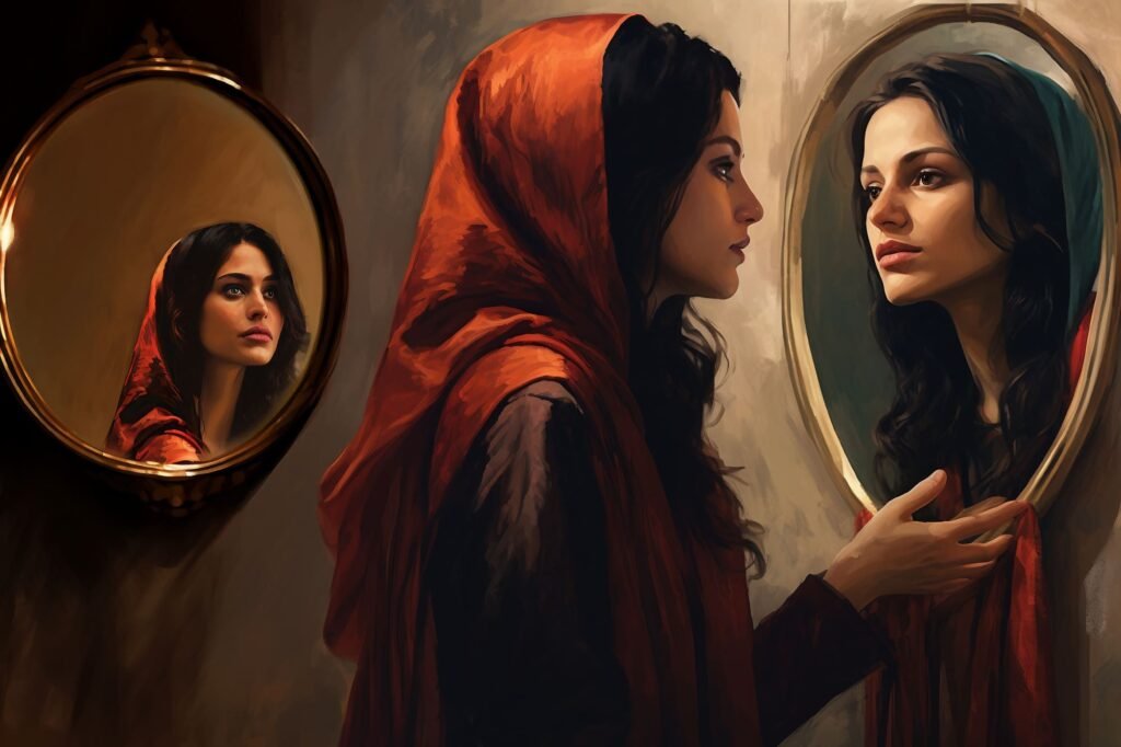 Woman Contemplates Reflection in Mirror, Portrait of Female Self-Examination in Reflective Surface