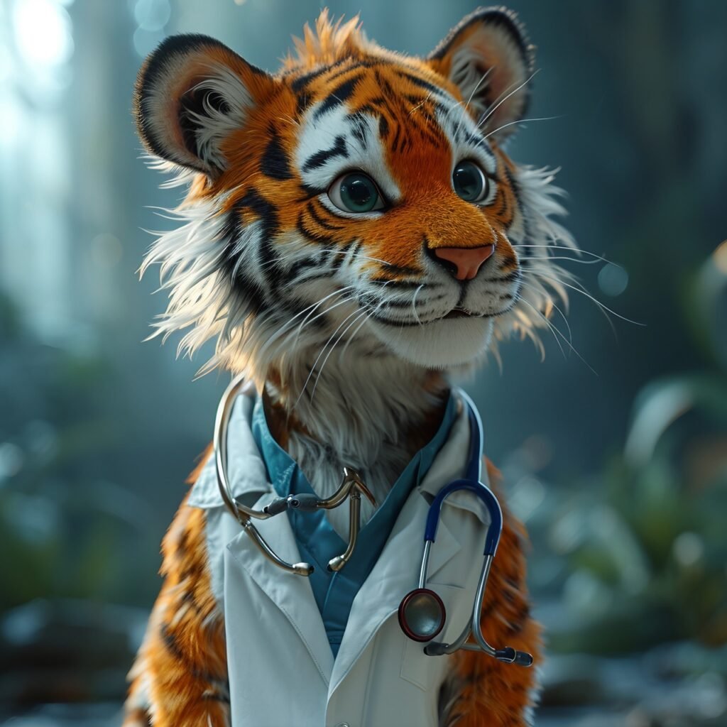 3D cartoon illustration of a tiger portraying a doctor’s role, perfect for medical-themed digital designs