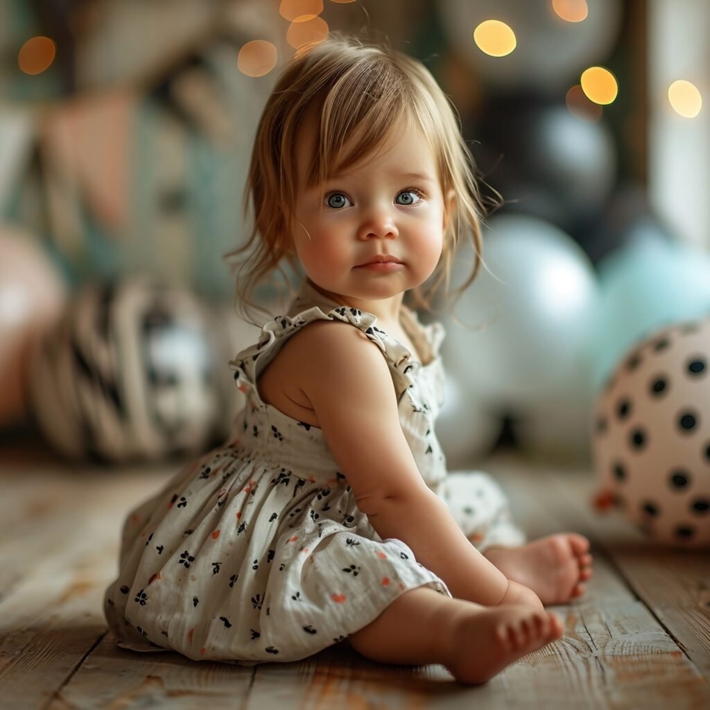 Adorable Baby Girl Surrounded by ‘One’ Letters and Balloons – First Year Celebration Stock Image