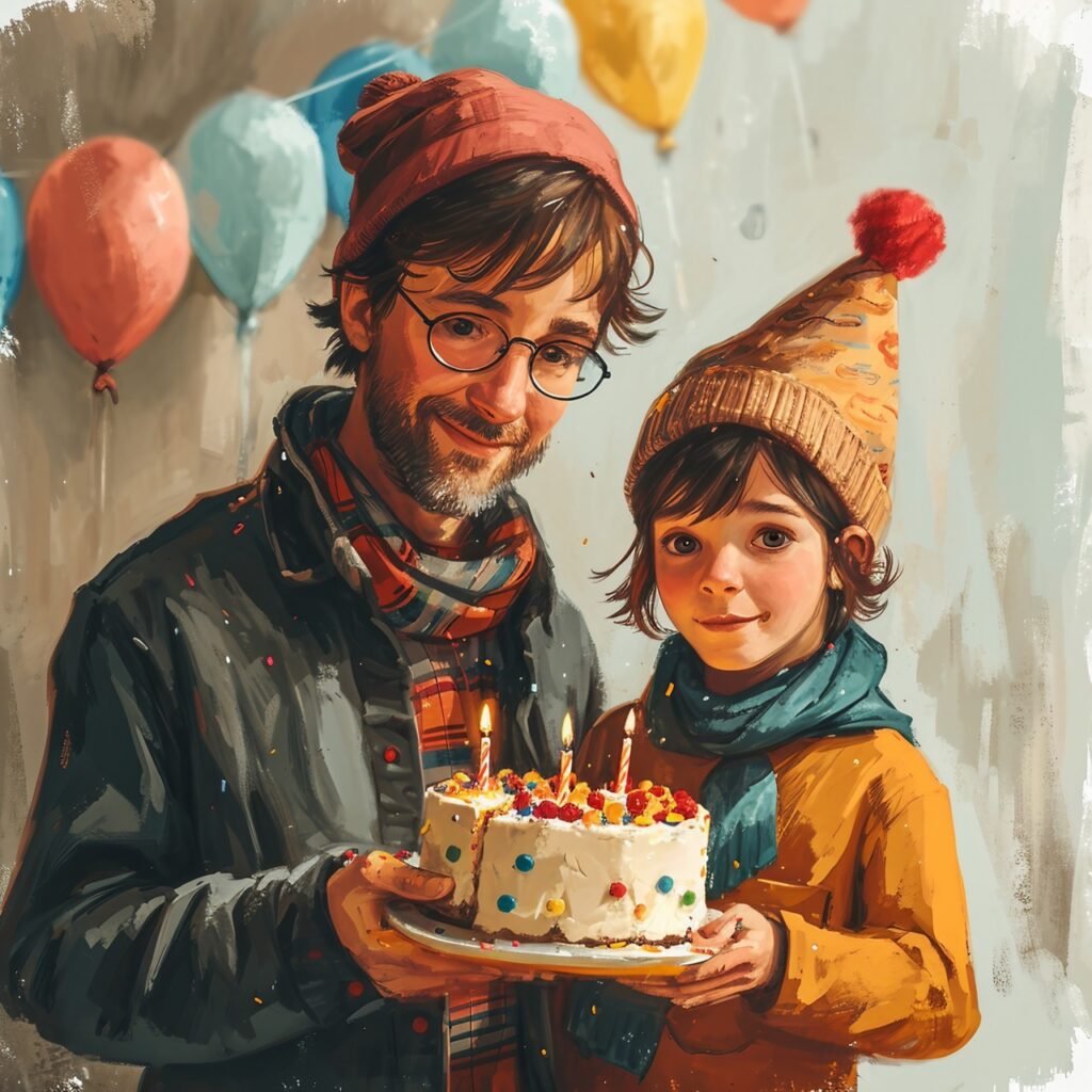 Adorable Boy with Father and Birthday Cake Family Celebration Scene