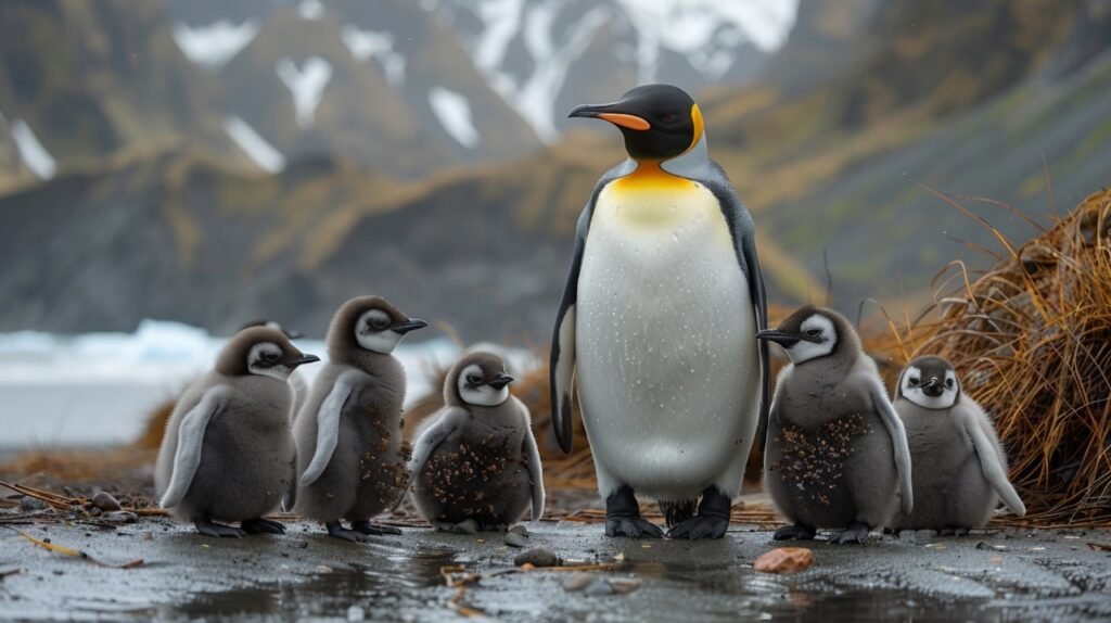 Adult King Penguin with Chicks – Stock Photo of King Penguins (Aptenodytes patagonicus) in South Georgia Island