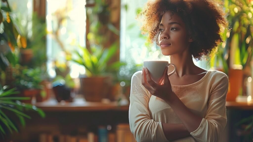 Attractive businesswoman pondering with coffee in office – stock photo Dream Chaser