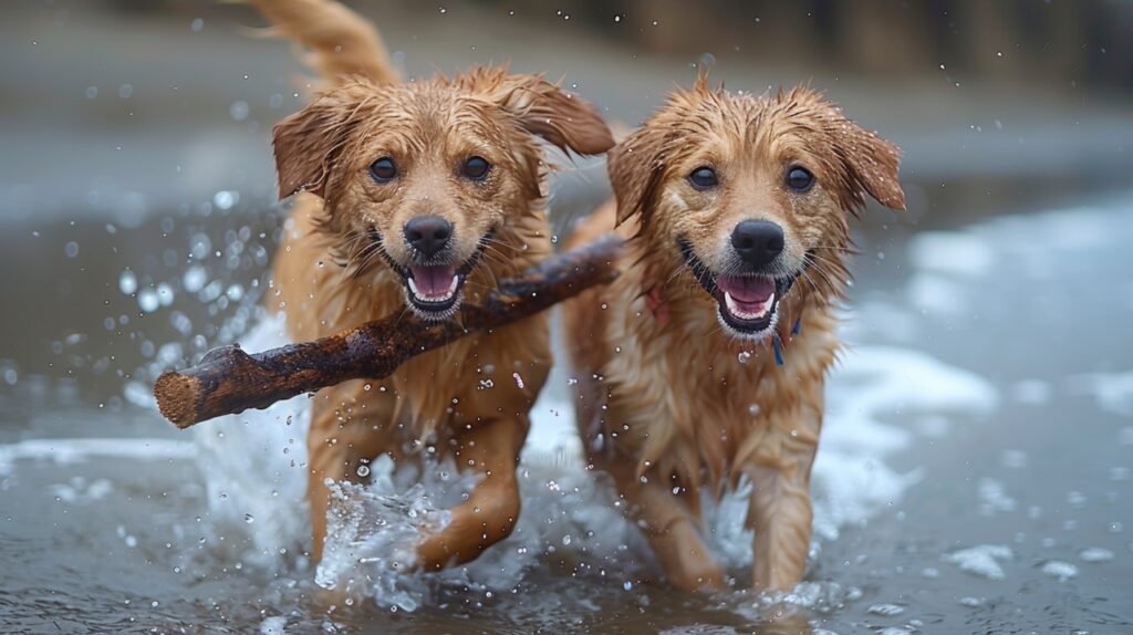 Beach Teamwork – Stock Image Featuring Two Dogs Retrieving Stick in Unison