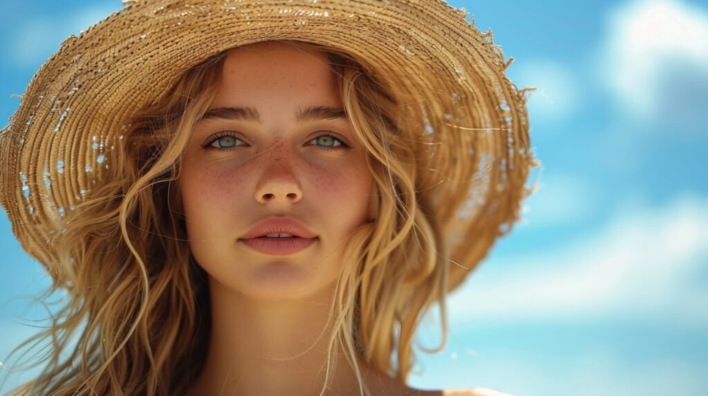 Beauty in Nature Woman Poses Against Blue Sky – High-Quality Stock Photo Collection