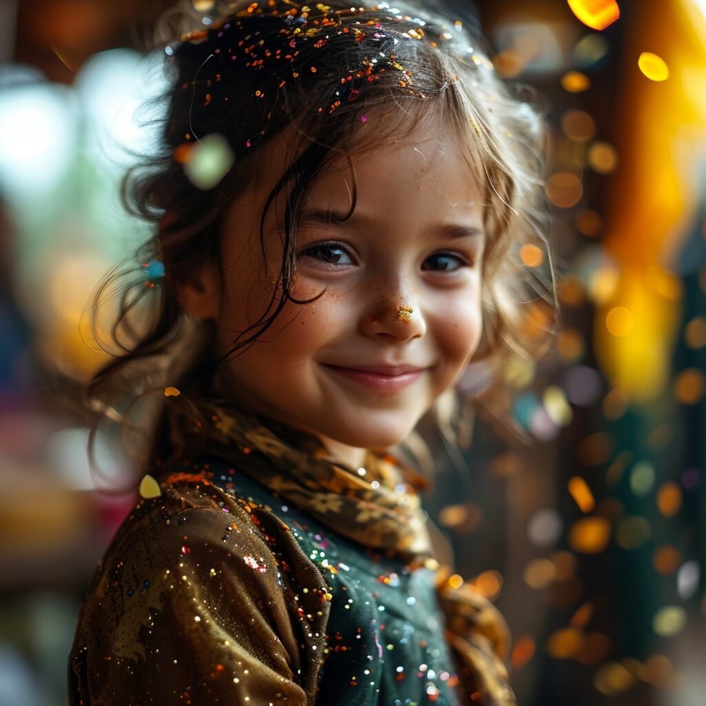 Birthday Celebration Happy Child Girl with Confetti on Yellow Background, Festive Joy