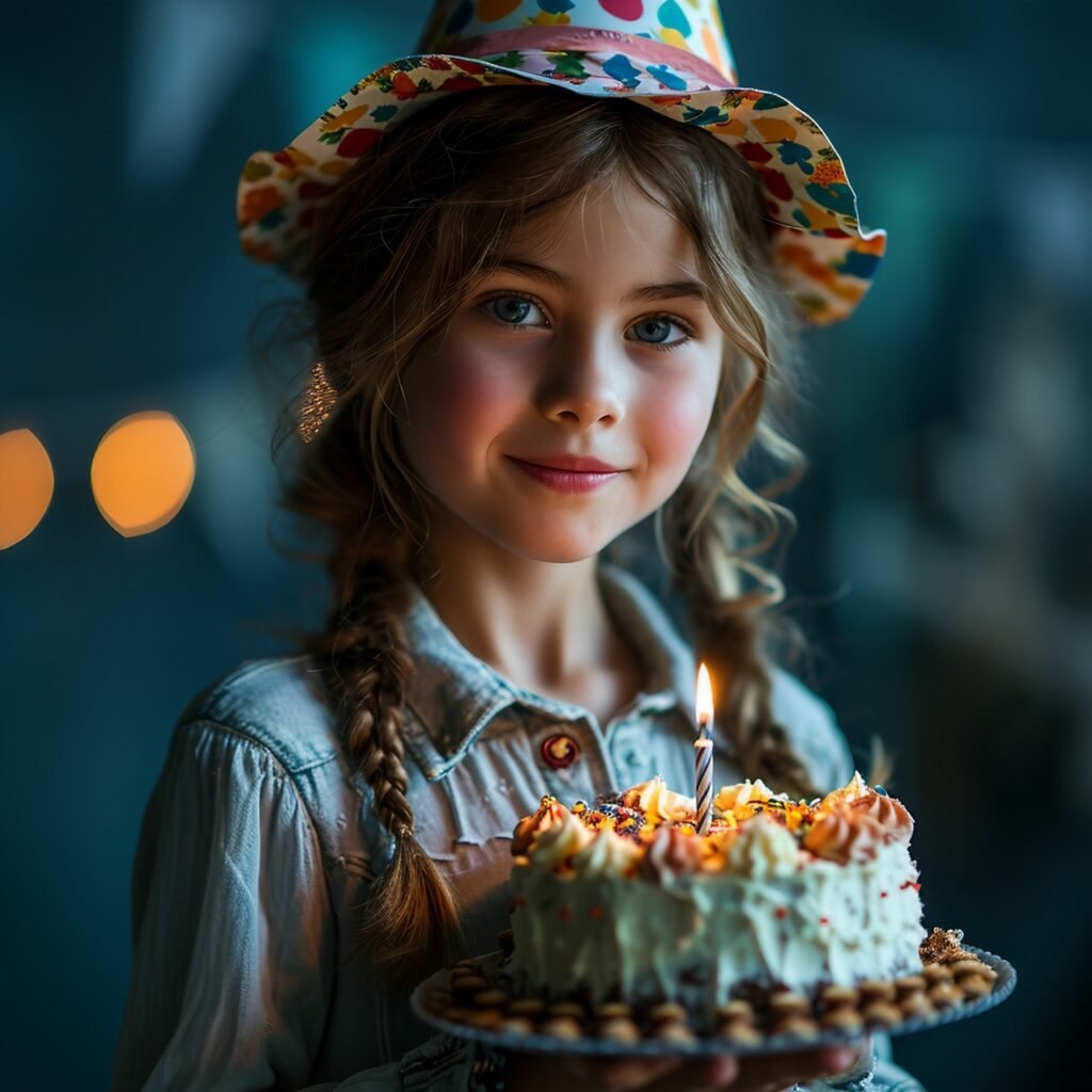 Birthday Festivity Cheerful Girl in Party Hat Holds Cake, Smiles, Makes Wish on Lit Candle