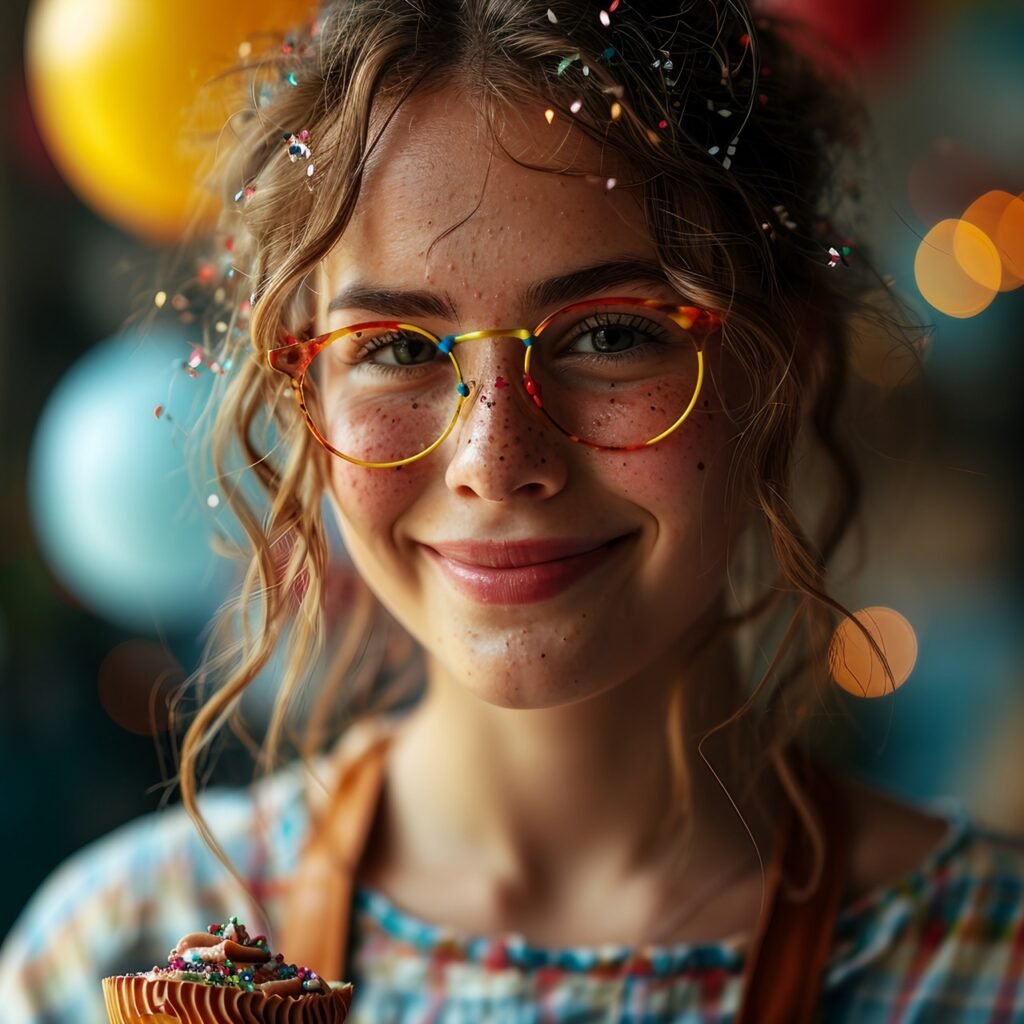 Birthday Joy Happy Woman with Novelty Glasses Holds Cupcake, Enjoying Celebration Moment, Festive Attire