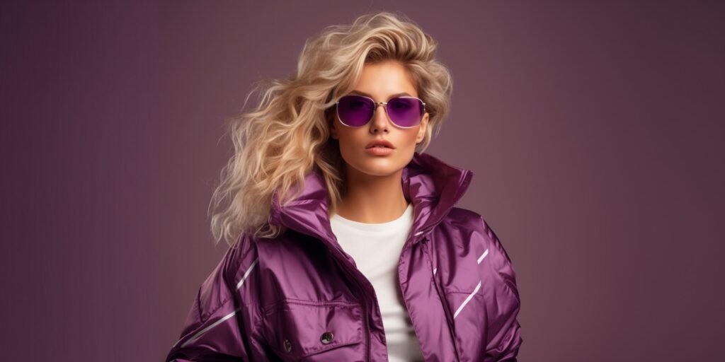 Blonde with 80s windbreaker and round sunglasses in stylish pose on purple backdrop