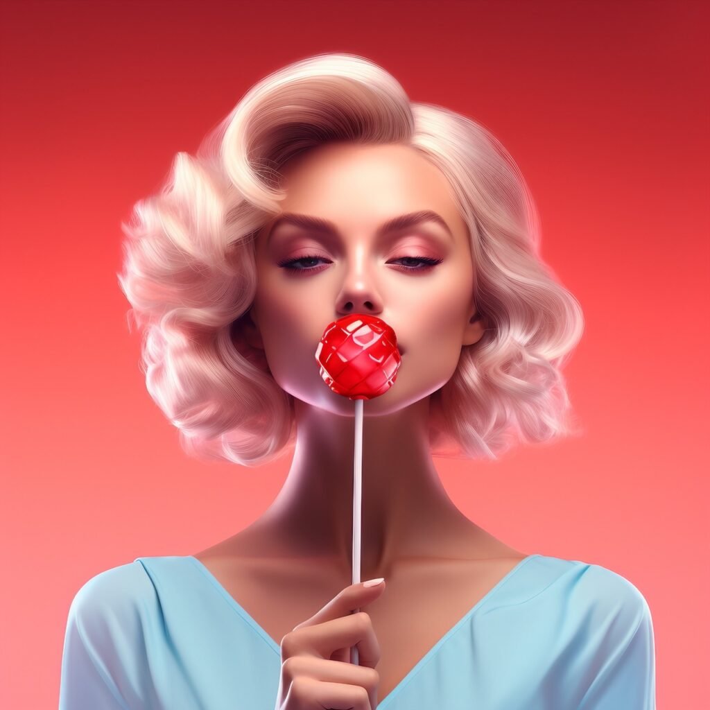 Blonde woman kissing candy, red lips holding lollipop. Sweet tooth concept