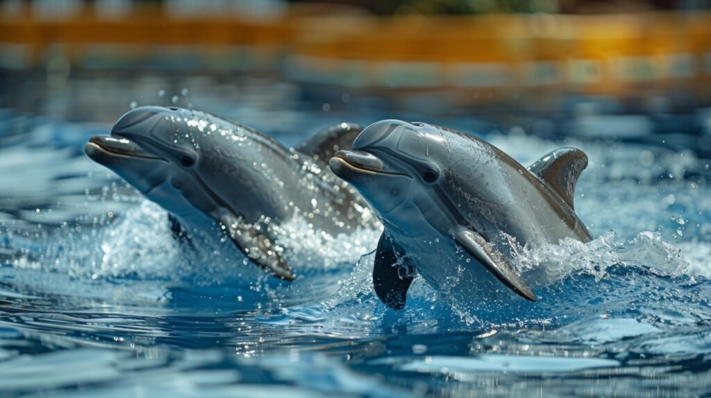 Blue Water Dolphins – Stock Photography Showing Two Dolphins in Serene Blue Ocean Environment