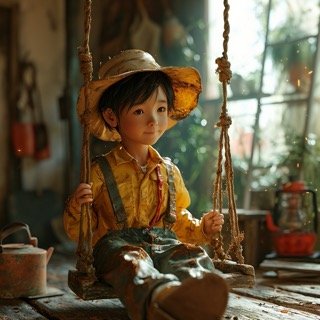 Boy in 3D playing happily on a swing, illustrating fun and outdoor activities digitally